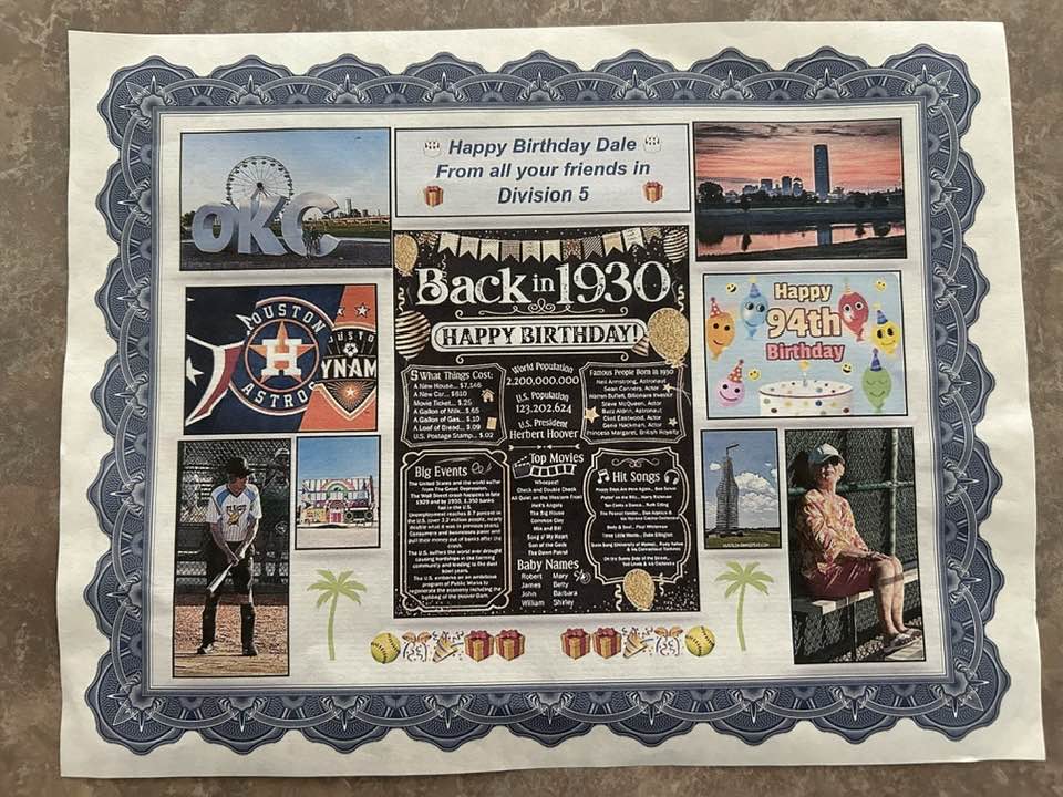 a certificate that says “Happy Birthday from all your friends in Division 5” with various birthday and softball pictures on it