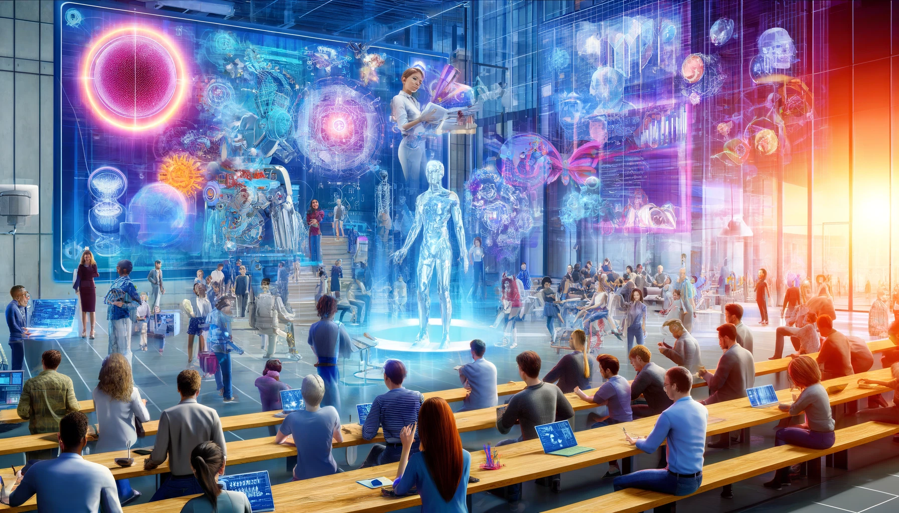 a classroom full of people observing AI avatars on a stage