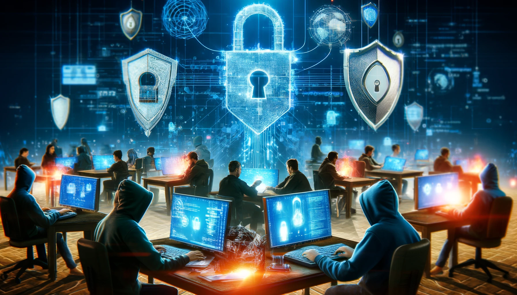 hackers working diligently with complex code and holographic displays, people in the background are safeguarded by digital barriers